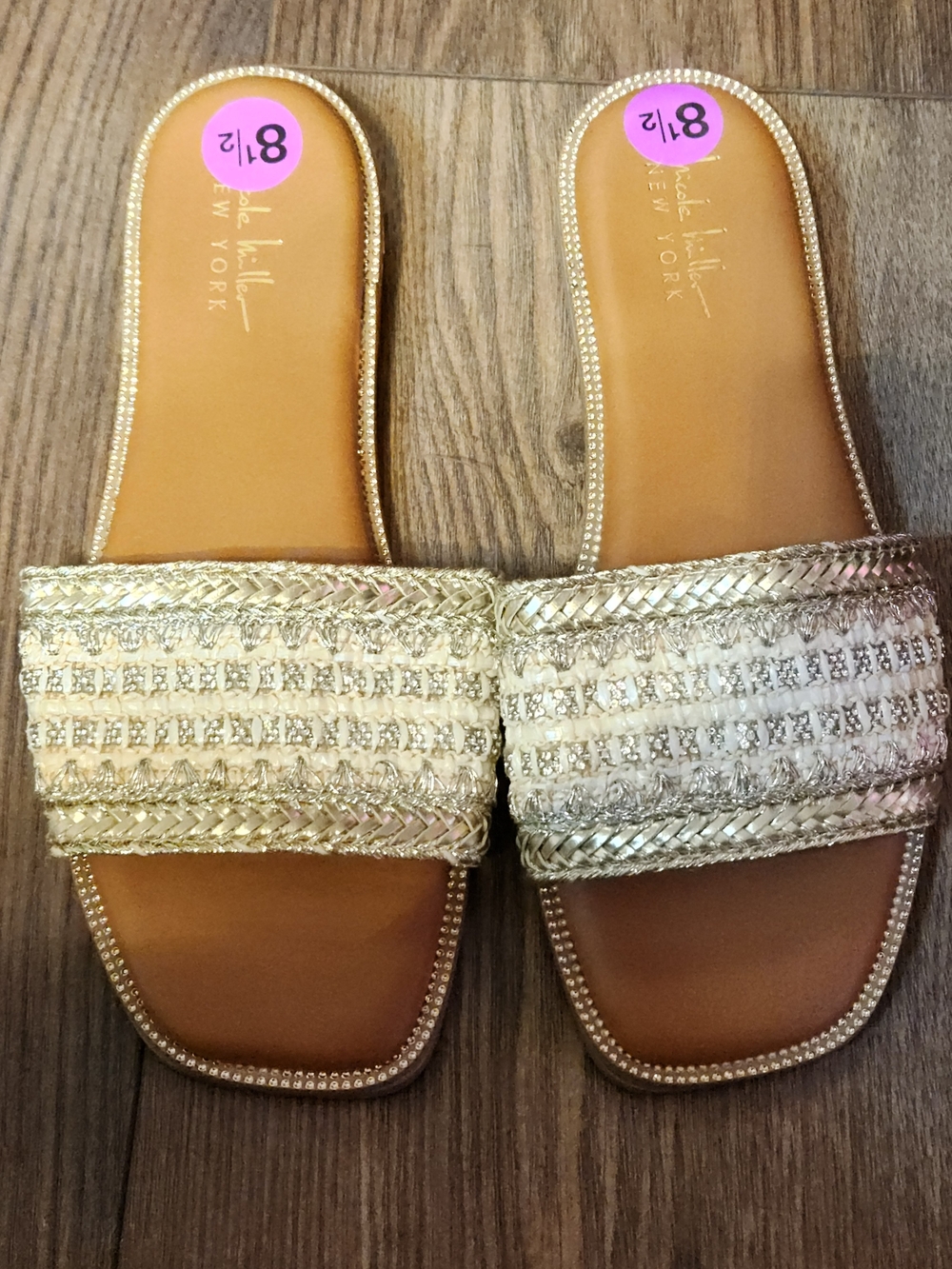 Nicole Miller Gold Braided Slide Sandals with Beaded Trim